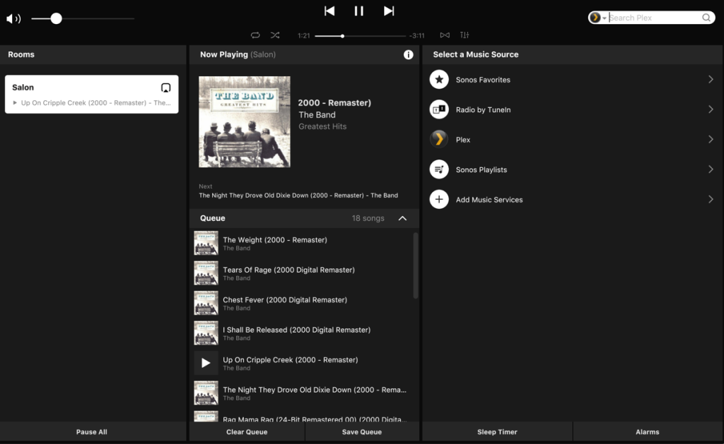 The Sonos dashboard showing the album cover and the list of songs. 